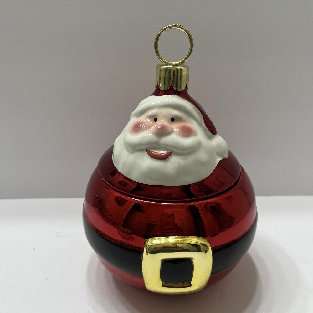 Christmas Santa Cookie Jar Ornament Shaped With Lid Round Red 8.5"
